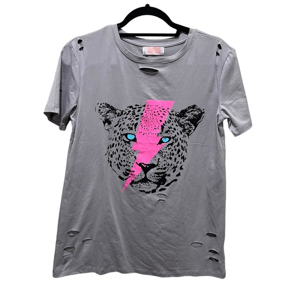 C + D + M Tops - C + D+ M Leopard Tiger Lightning Bolt Distressed graphic tee Grey Size Small
